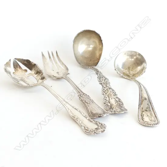 	4 ASST ORNATE STG SILVER SAUCE LADLES, SLOTTED SERVING SPOON & FORK  195GMS