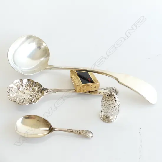 3 ASST. EP SPOONS, 830 SILVER PEPPER, DUPONT GP LIGHTER D57