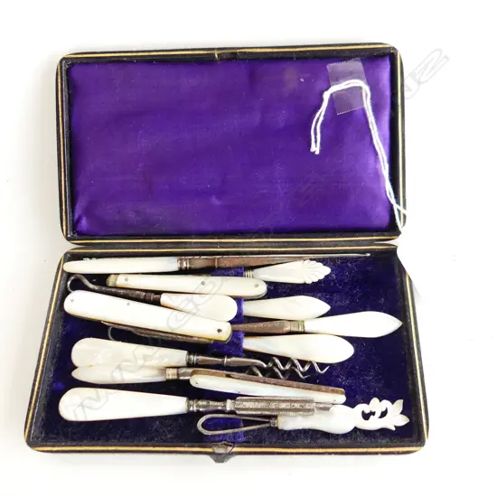 SMALL CASE WITH 13 MOP HANDLED MANICURE PCS KNIVES ETC