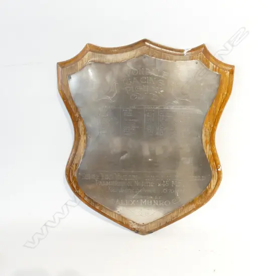 LARGE WOODEN & SILVER PLATE  'HOMING PIGEON' SHIELD C1950-60'S 410 X 520MM