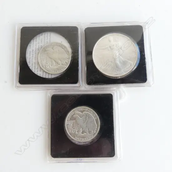 3 AMERICAN SILVER COINS; 2 WALKING LIBERTY HALF DOLLARS, EAGLE DOLLAR
