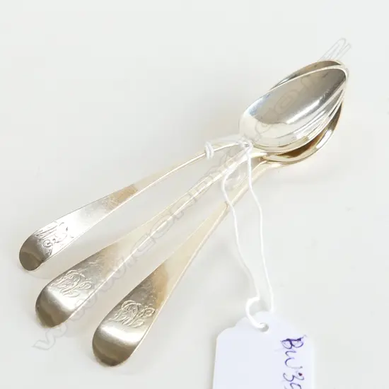 3 STG SILVER MONOGRAMMED TEA SPOONS; PR LONDON 1880, 'EM' LONDON 1804 53 GRAMS 
