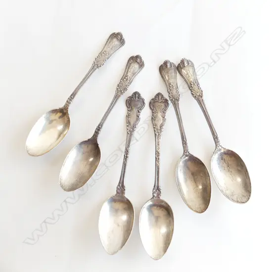 SET 6 VINTAGE STG SILVER DESSERT SPOONS. SOME WEAR.  247GMS