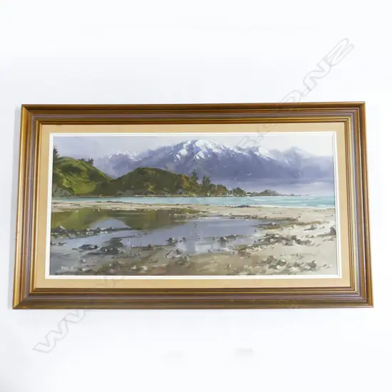 BRIAN BAXTER, 'KAIKOURA MOUNTAINS FROM NEAR SEAL COLONY' OIL ON BOARD SIGNED & DATED '76 440x900mm