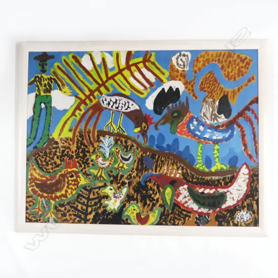 ARTIST UNKNOWN - LG NAIVE ABSTRACT w. CHICKENS 730x970mm