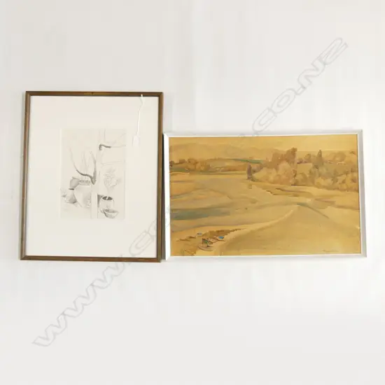 2 ARTWORKS; RUSSELL HOLLINGS 'GARDEN POTS OUTSIDE LOTUS CAFE UBUD BALI' PENCIL 265x190mm + PEGGY SPICER W/C 345x550mm 