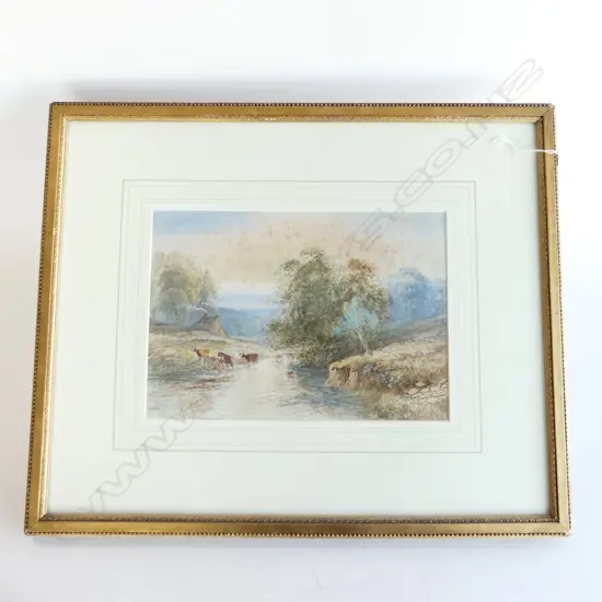 WATER COLOUR COWS IN RIVER SIGNED LEWIS 1890 H540MM W650MM