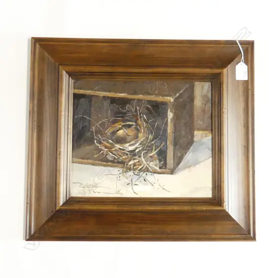 RUSSELL HOLLINGS 'NEST IN A BOX'  OIL ON BOARD 2015 230x280mm