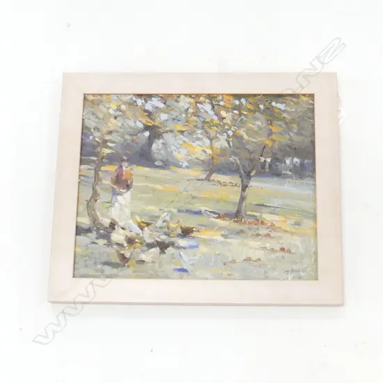SIGNED IMPRESSIONIST OIL ON BOARD; WOMAN FEEDING CHICKENS UNDER TREES, J. HALEY? 1923 240x300mm
