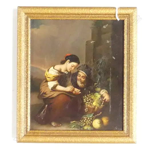 SMALL ANTIQUE CONT OIL FRUIT SELLERS COUNTING THE DAYS TAKE H240MM W210MM