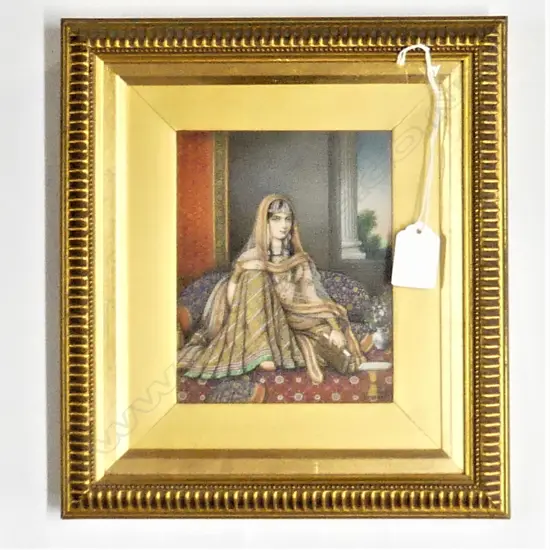 QUALITY ANTIQUE GILT FRAMED INDIAN MINIATURE LADY WITH BOOK H280MM W250MM hand painted