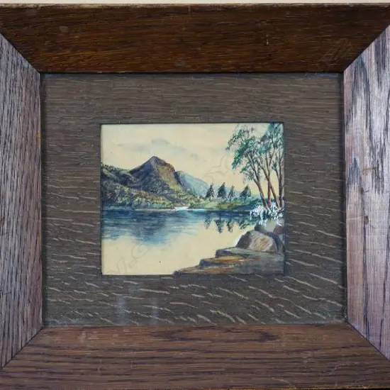 UKNOWN CANADIAN ARTIST, MOUNTAIN WITH LAKE & PINE TREES, OIL ON CARD, 100mm x 120mm