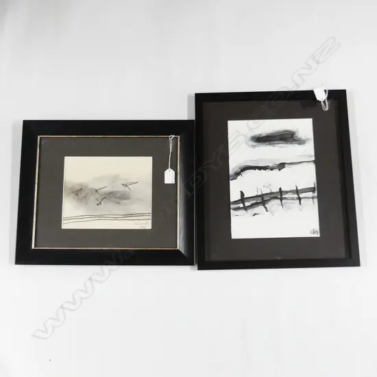 NOELEEN HEALEY 2 ARTWORKS. ACRYLIC landscape + monoprint.. Lgest 300x200mm