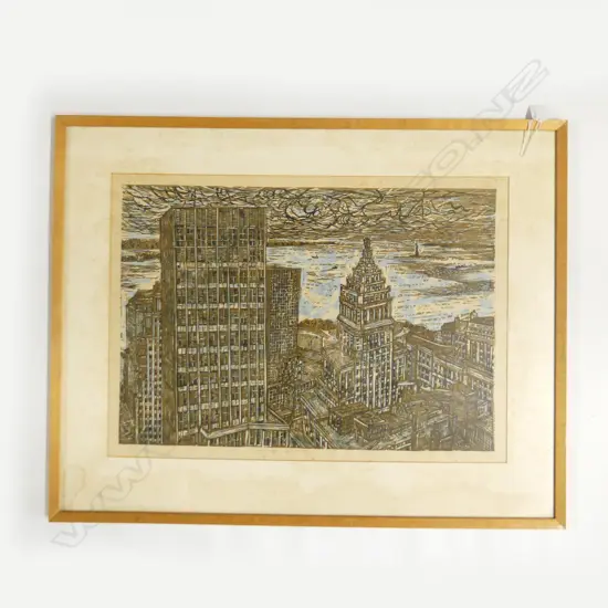 KITAOKA FUMIO 'DOWNTOWN MANHATTAN' WOOD BLOCK PRINT 1966 6/50 420x590mm