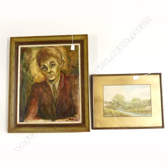 WATERCOLOUR SCENE (295 X 190MM) +  PORTRAIT 'FREDDIE' OIL ON BOARD, SIGNED ? MORTON  (390 X 500MM)