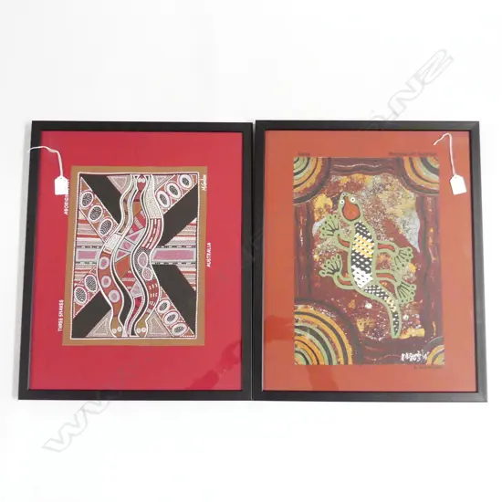 2 ABORIGINAL PRINTS ON FABRIC; M. CONLON 'THREE SNAKES', JOHN SMITH GUMBULA 'GECKO' 500x400mm