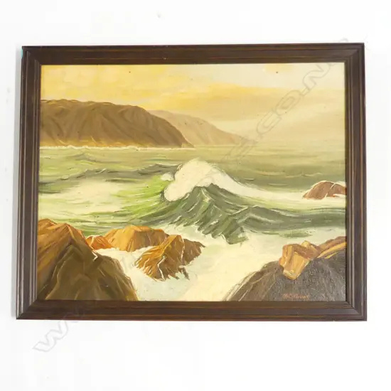 F.C. CURRIE (UK), HEADLAND WITH WAVES, OIL ON BOARD, SIGNED, 350mm x 450mm