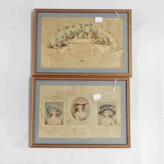 PR FRAMED 18thC STYLE ARTWORKS ON CLOTH; QUEEN MARYS FAN WC, TRIPLE PORTRAIT 235x380mm