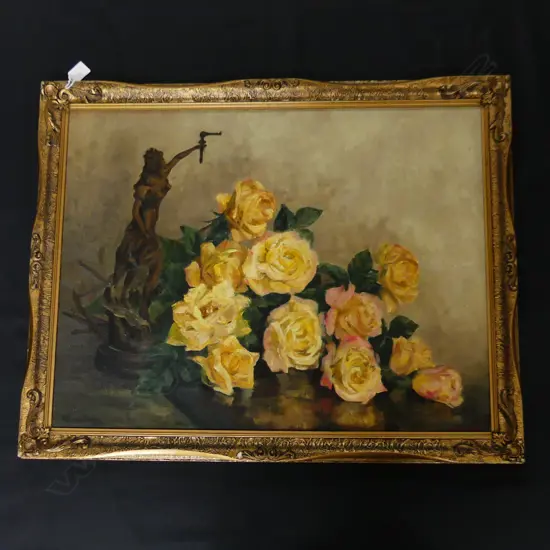 FRAMED & SIGNED STILLIFE WITH STATUETTE L750 H560MM