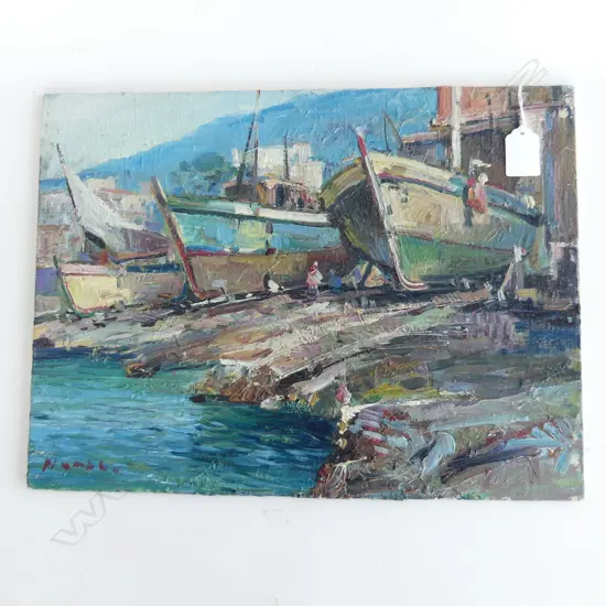 PASQUALE MONACO OIL ON BOARD 'THE SHIPYARD, AMALFI' 300 X 400mm signed detailed verso unframed