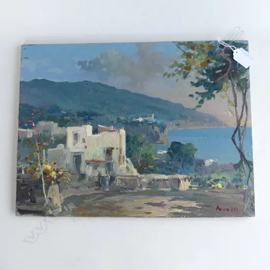 PASQUALE MONACO OIL ON BOARD ITALIAN COASTAL SCENE 300 X 400mm signed detailed verso unframed