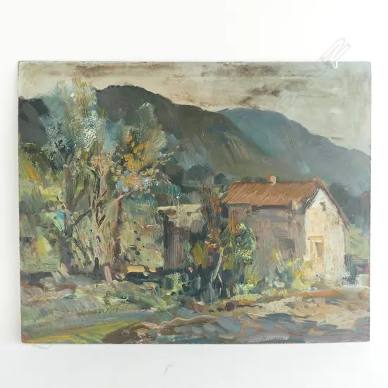 OLIO SU MADONITE OIL ON BOARD 'PAE SAGGIO' signed, entitled & detailed verso. 400x500mm