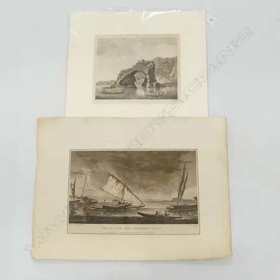 2 EARLY ENGRAVINGS; PAH ON ARCHED ROCK TOLAGA BAY + 'BOATS OF THE FRIENDLY ISLES' BY W. HOGDGES ENGRAVER W. WATTS