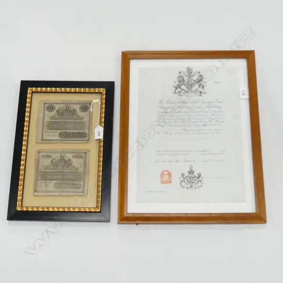 FRAMED 1885 DOCUMENT H480 W370 & FRAMED SCOTTISH POUND & GUINEA H380MM W260MM