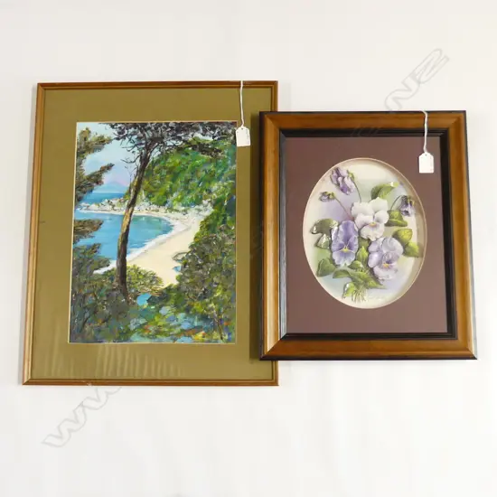 OIL ON BOARD COASTAL SCENE, SIGNED & CRYSTAL SHELLEY ENAMEL FLOWER FRAMED SHADOW BOARD (360 X 430MM INCL FRAME)