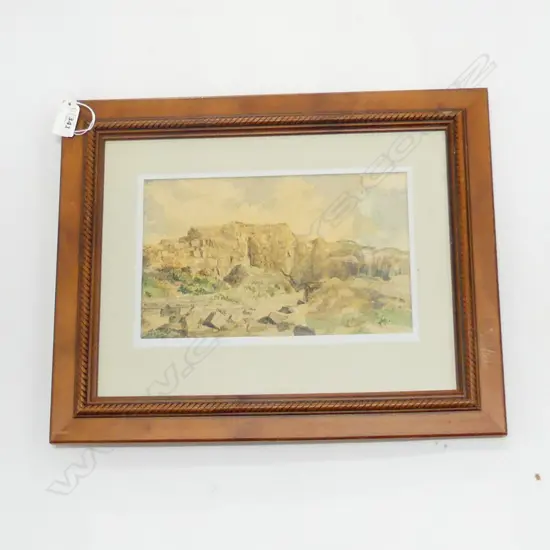 2 ARTWORKS. PERIOD FRAMED PRINT OF THE " SCARBRO STEEPLE CHASE 410 X 515mm  " & W/C LANDSCAPE 155 X 240mm 