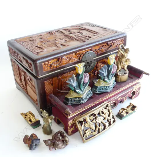 SMALL CAMPHOR BOX w SELECTION OF CARVINGS