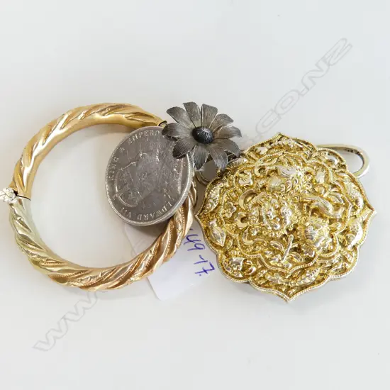 OLD CHINESE SILVER GILT BELT BUCKLE + BANGLE + COIN & FLOWER