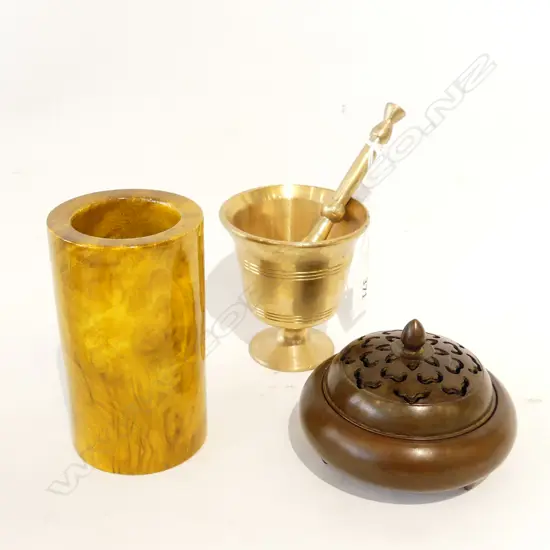3 PCES; GOLDEN CAMPHOR PEN HOLDER H.110mm, CHINESE BRONZE CENSOR, BRASS PESTLE & MOTAR