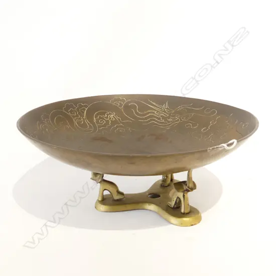 CHINESE BRASS BOWL w. ELEPHANT TRIPOD STAND 280mm dia