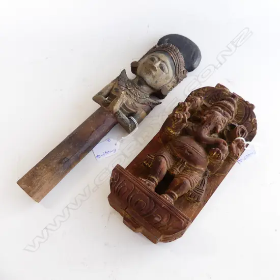 2 WOODEN CARVINGS: INDIAN Ganesh + THAI RICE GOD
