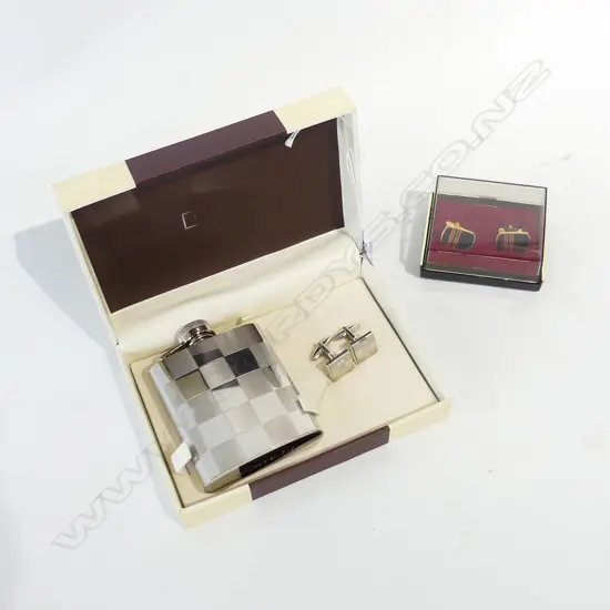 TIE RACK, LONDON, HIP FLASK & CUFFLINKS +  GOLD PLATE & ENAMEL CUFFLINKS -  BOTH SETS IN ORIGINAL BOXES & AS NEW