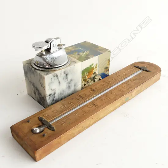 RESIN AQUARIUM STYLE TABLE LIGHTER + MERCURY WALL THERMOMETER - FOUNDROMETERS LEEDS LTD H.215mm