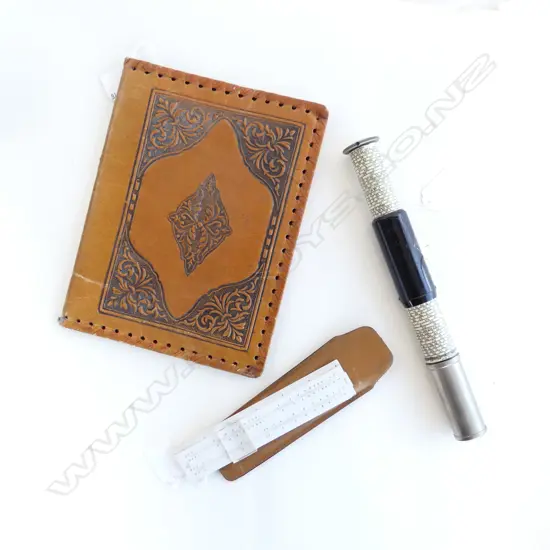 ANTIQUE OTIS KING'S POCKET SLIDE CALCULATOR, MADE IN ENG +  BLUNDELL SLIDE RULE IN POUCH & LEATHER EMBOSSED BOOK COVER