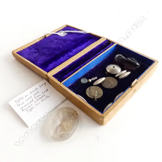 SMALL BOX COINS BEADS GLASS CAMEO WITH PROVENANCE ETC
