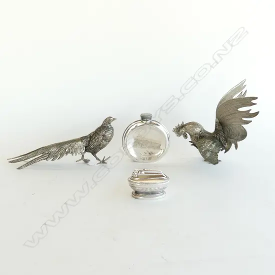 PR SILVER METAL BIRDS, TABLE LIGHTER, HIP FLASK 120mm dia