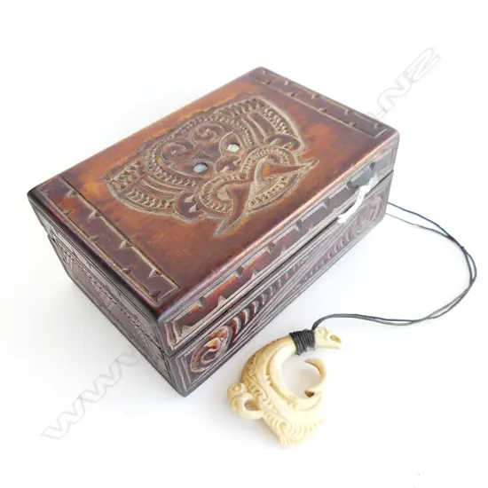 MAORI CARVED BOX  L150MM W100MM  INCLUDING CARVED BONE MAORI FISH HOOK L60MM
