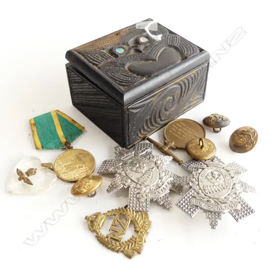 SMALL CARVED MAORI BOX L100MM H60MM CONTENTS MEDALS & MILITRY BADGES & BUTTONS