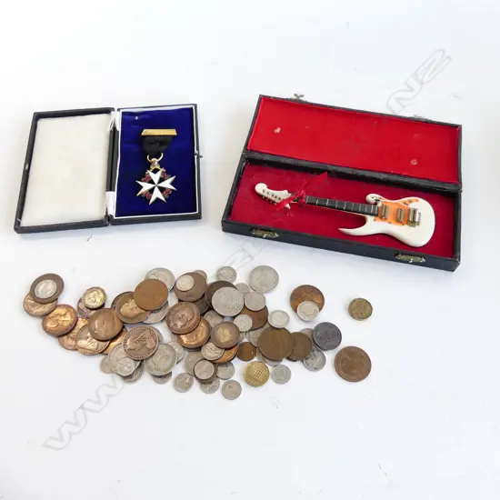 ASST. VINTAGE COINS, WHITE ENAMEL STAR CROSS MEDAL, MINIATURE GUITAR L.175mm
