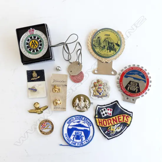 BAG MISC INCL CLOTH & METAL BADGES ETC. + 3 OLD CAR CLUB CAR BADGES 