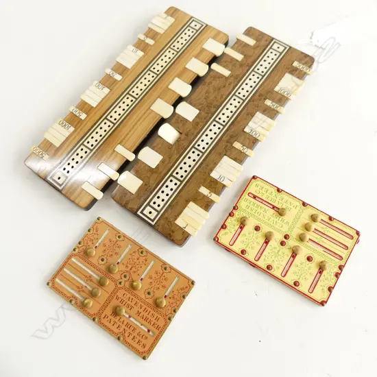 2 ANTIQUE WHIST GAME MARKING BOARDS w. IVORY TABS 205x80mm + 2 CAVENDISH MARKING CARDS 65x95mm