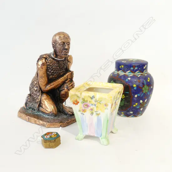 4 PCES; CROUCHING MAORI FIGURE - COPPER FOIL OVER RESIN, LIDDED CLOISONNE GINGER JAR, VASE, MICRO MOSAIC BOX W.30mm