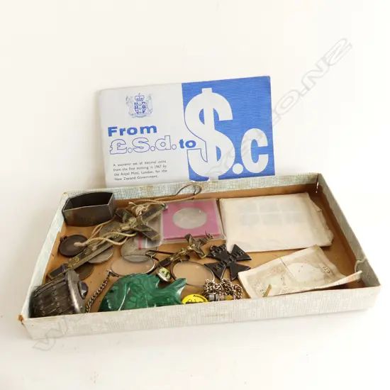 TRAY OF MISC COINS CRUCIFIXS STAMPS BADGES ETC ETC