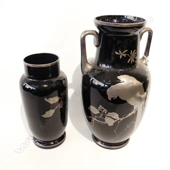 2 BLACK GLASS SILVERED VASES LARGEST 300MM
