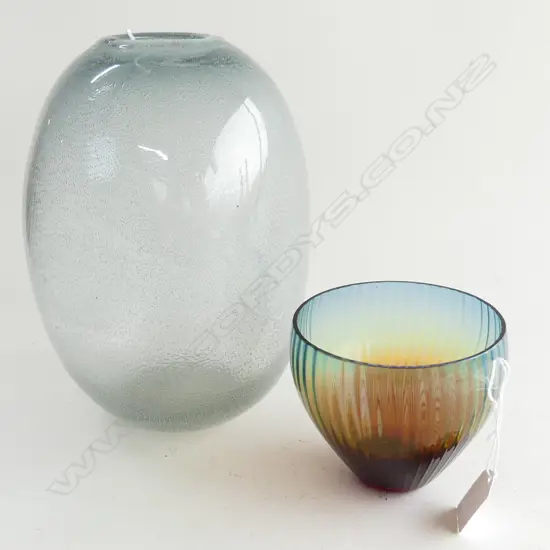 2 UNSIGNED ART GLASS VASES; CONTROLLED BUBBLE RELEASE H.250mm, GRADUATING TRI COLOURWAY H.100mm