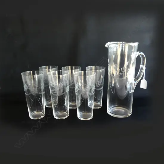 RETRO ETCHED GLASS WATER SET; 6 TALL GLASSES (H. 160MM) & JUG (H. 260MM)